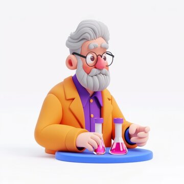 Elderly clay animation character wearing a scientist's lab coat and goggles, conducting experiments in a laboratory, on an isolated white background, Generative AI
