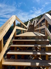 wooden promenade in mountains, hiking trail, trekking, hills, no people