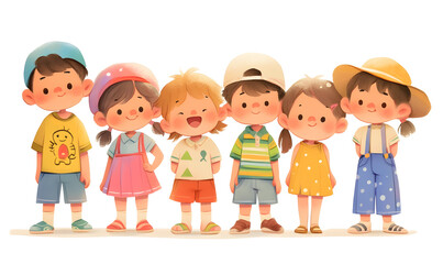 Cute cartoon children standing in a row, Generative AI 
