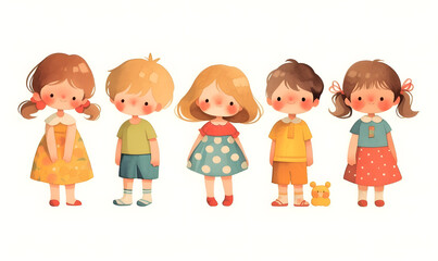 Cute cartoon children standing in a row, Generative AI 