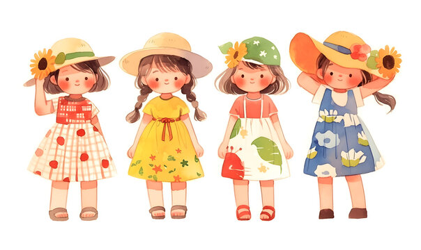 Cute cartoon children standing in a row, Generative AI 