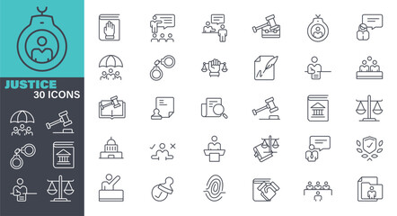 Justice line vector Icon set. Pixel perfect. Editable stroke. The set contains icons:  Law, Legal System stock illustration. Icon Symbol, Legal System, Justice - Concept, Lawyer, Court