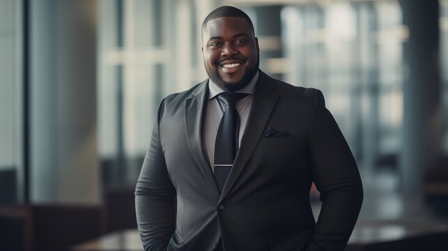 Plus size black businessman in business suit smiling in office