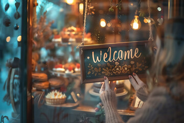 The hands of a beautiful woman who owns a cake shop makes a sign, a sign that the shop is open with the words "welcome" on the glass door.