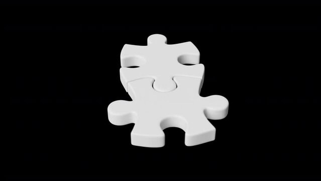 Two white jigsaw puzzle pieces getting connected on black background