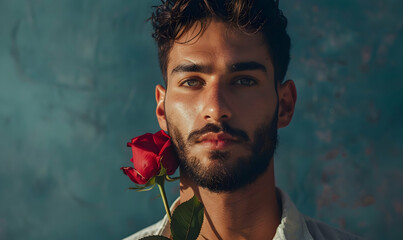 Photo handsome Arabic latin man bring red rose flowers