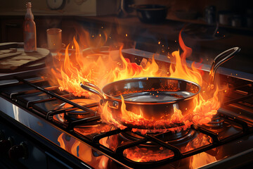 Modern kitchen. Cooks prepare meals on the stove in the kitchen of the restaurant or hotel. The fire in the kitchen Chef hand in restaurant kitchen with pan, cooking flambe on food Generative Ai - obrazy, fototapety, plakaty