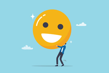Job satisfaction, employee happiness or optimistic attitude, cheerful morality or endorphins for positive thinking, feel good, emotional intelligence concept, businessman carry big happy smile face. - obrazy, fototapety, plakaty