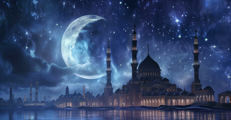 Crescent moon and stars illuminate ancient mosque during night time. Symbol of Islam hangs in sky like guardian watching over mosque and worshippers