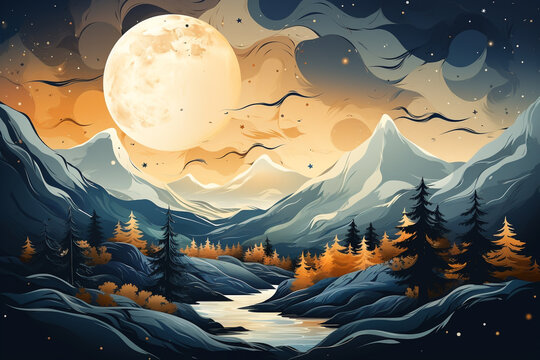 peaceful riverside with flowing stream Art image in vector illustration, high resolution, colorful Oil painting Magic road to the moon. Night seascape with beautiful clouds. Fantastic Generative Ai