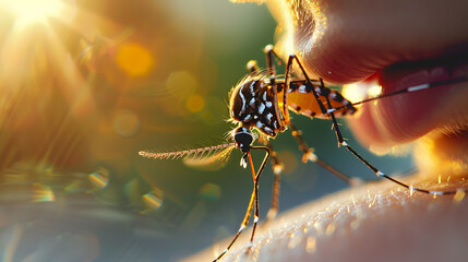 Mosquitoes on the skin. Mosquitoes attack in tropical forests. Insect repellent