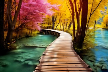 a wooden bridge in the middle of a forest with fall foliages and yellow trees on either side of it
 - Powered by Adobe