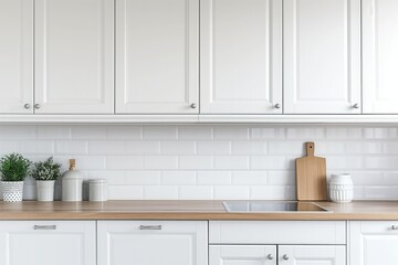 Fototapeta na wymiar Kitchen interior design: Modern stylish scandinavian white kitchen cabinets with lighting, rural decoration and modern plates