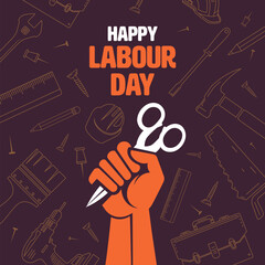 Fototapeta na wymiar Happy Labour Day Background Illustration, Hand Holding a Scissor Labour Day Concept Illustration 