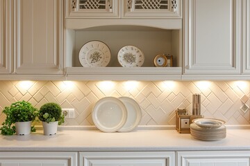 Kitchen interior design: Modern stylish scandy white kitchen cabinets with lighting, rural decoration and modern plates