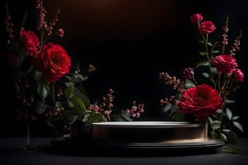 Dark elegant podium scene for product presentation with realistic decorative flowers and branches still life style. professional product display placement