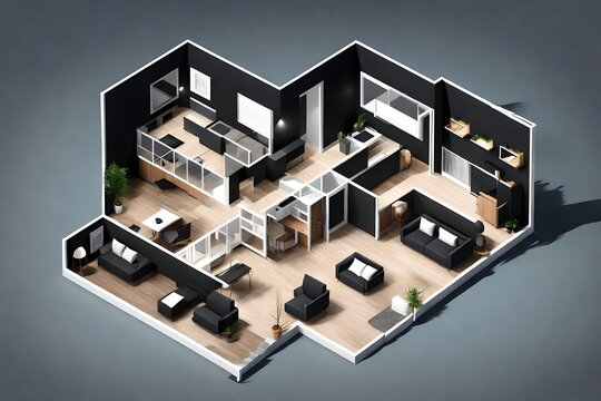 isometric interior design plan of a 3 bedroom house.