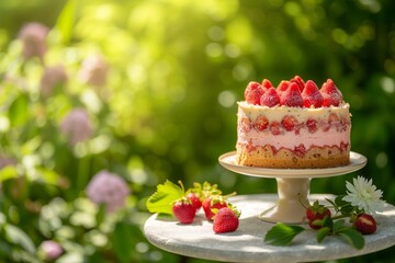 macro delicious tall layered strawberry cake with whipped cream in the summer garden. Celebrating birthday party with a dessert in a park or backyard. copy space for text