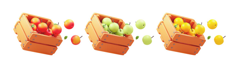 Collection, big set of brown wooden boxes with fresh ripe green, yellow, red apples float in air. Autumn harvest at farm. Healthy fruit snacks for nutrition, vitamins. 3d render isolated transparent.