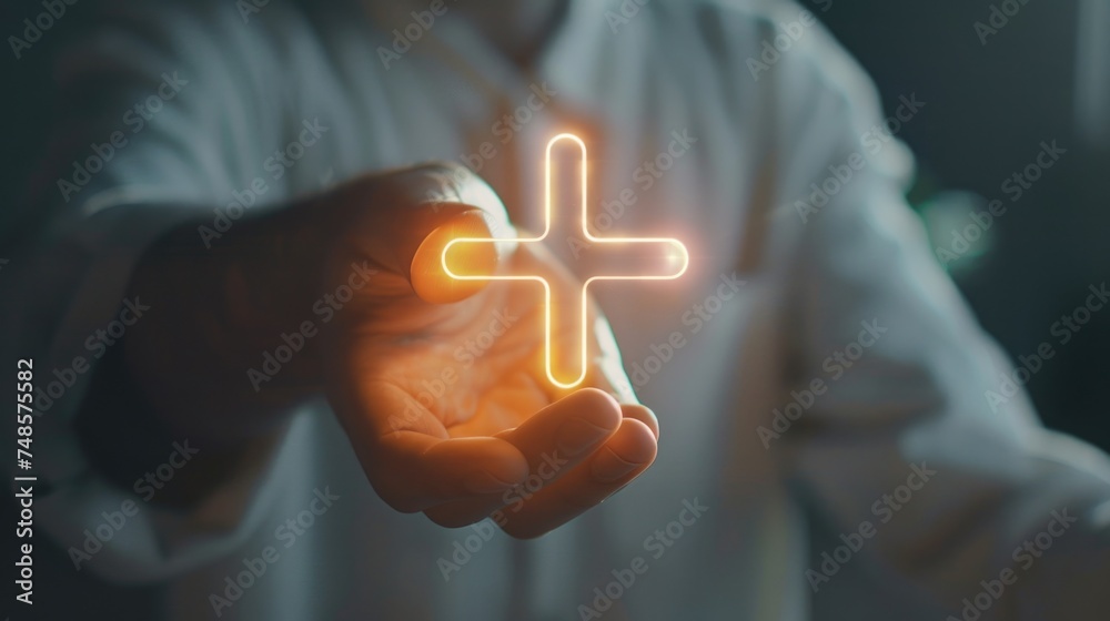 Poster a man holding a glowing cross, versatile image for various concepts