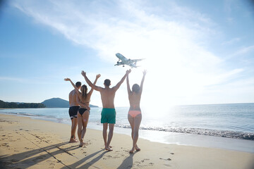 airplane view  beach and  group of people meet, the concept of freedom vacation, background thailand
