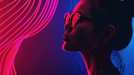 Stylish woman wearing sunglasses against vibrant neon backdrop. Perfect for fashion or summer themed projects