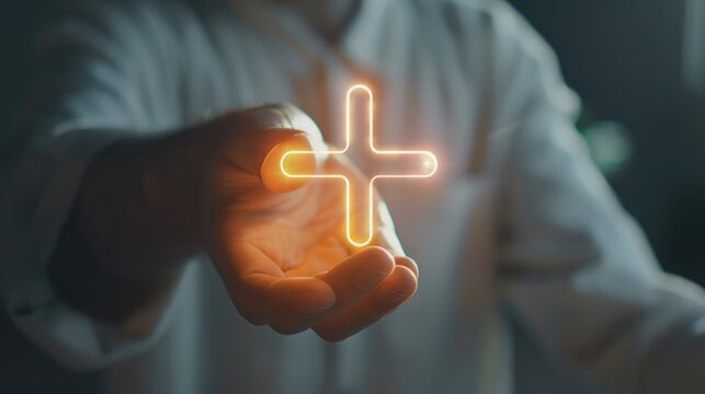 A man holding a glowing cross, versatile image for various concepts