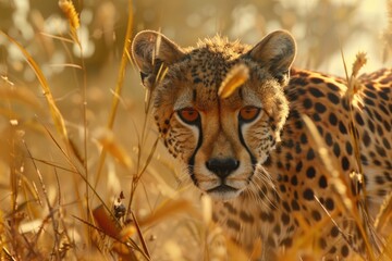 A majestic cheetah roaming in a field of tall grass. Perfect for wildlife or nature concepts