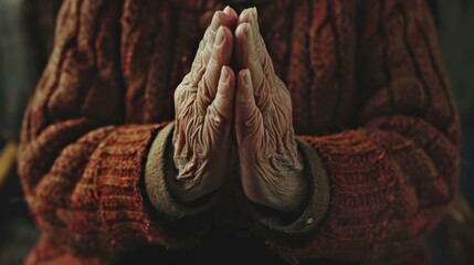 An old woman with her hands folded in prayer. Suitable for religious and spiritual concepts