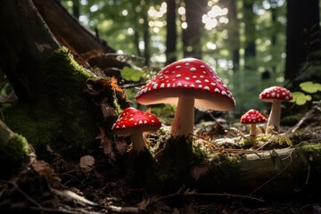 Vibrant Red toadstool forest plant. Natural woodland. Generate Ai