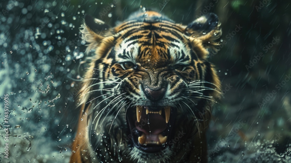Poster a tiger running through the water with its mouth open. suitable for wildlife and nature concepts