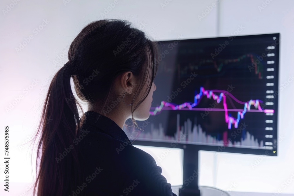 Poster a woman focused on a computer screen. ideal for technology concepts