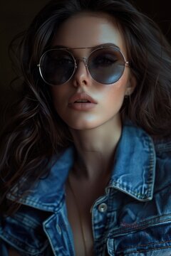 A stylish woman wearing sunglasses and a denim jacket. Perfect for fashion or lifestyle concepts