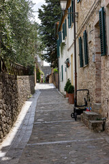 Picturesque street in Monteriggioni medieval walled town near Siena in Tuscany, Italy