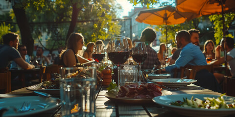 Al fresco dining experience with friends enjoying wine and gourmet food