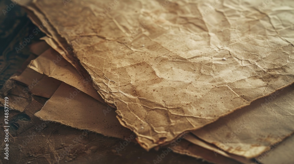 Poster a stack of brown paper on a wooden table. suitable for packaging and shipping concepts