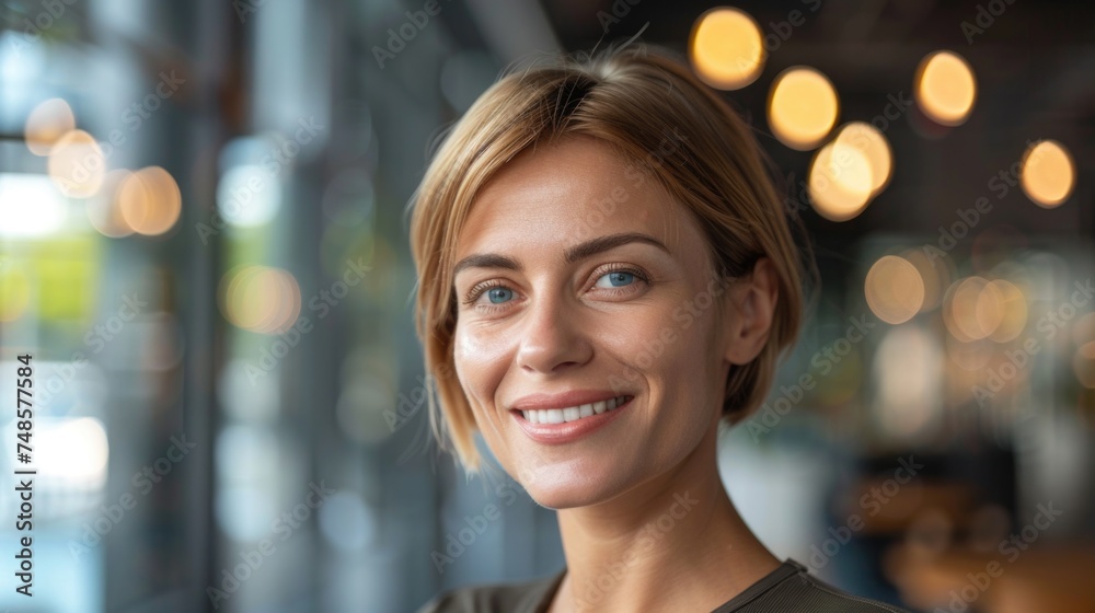 Poster a woman smiling and making eye contact with the camera. suitable for various projects