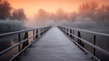 a wooden bridge over a body of water with snow ground and trees other side of the bridge.