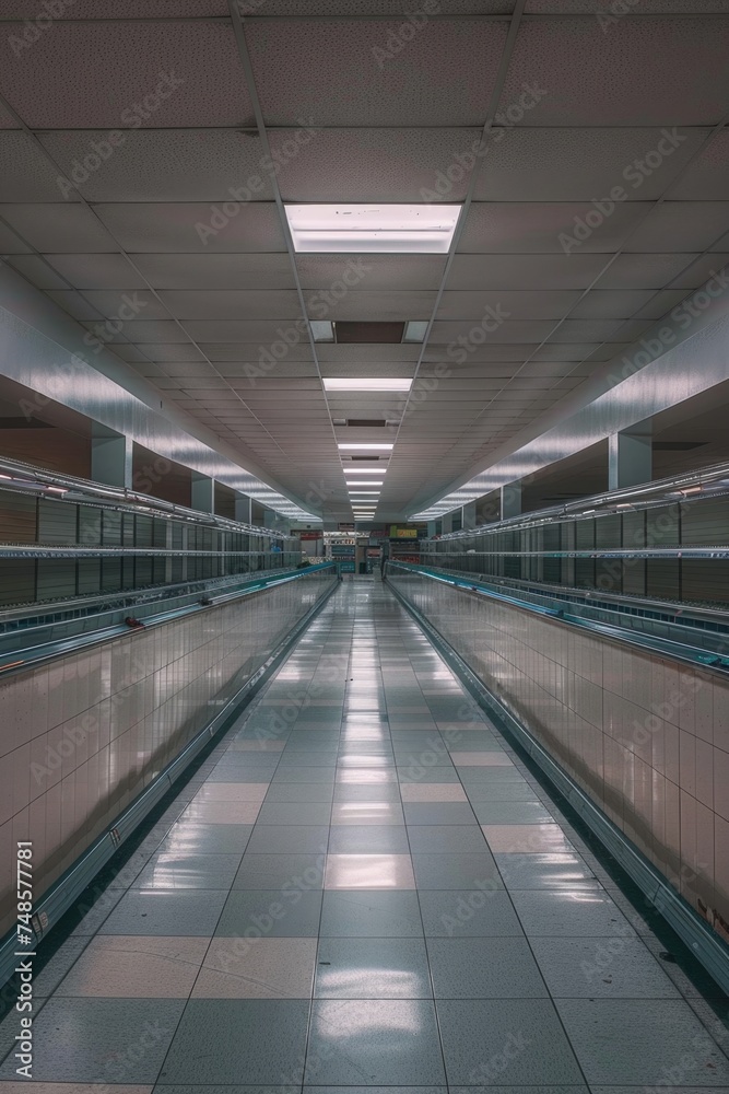 Poster A long empty hallway with tiled floors and ceiling lights. Suitable for architectural and interior design concepts