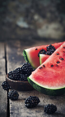 Slice of watermelon and blackberries. A rustic close-up image of watermelon slices and blackberries on a wooden surface