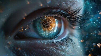 a close up person's eye with the reflection star in the iris of the eye.