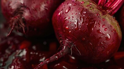 Close-up of beets with water droplets, perfect for food and agriculture themes