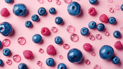 a bunch of blueberries and raspberries on a pink surface with drops of water on the top of them.