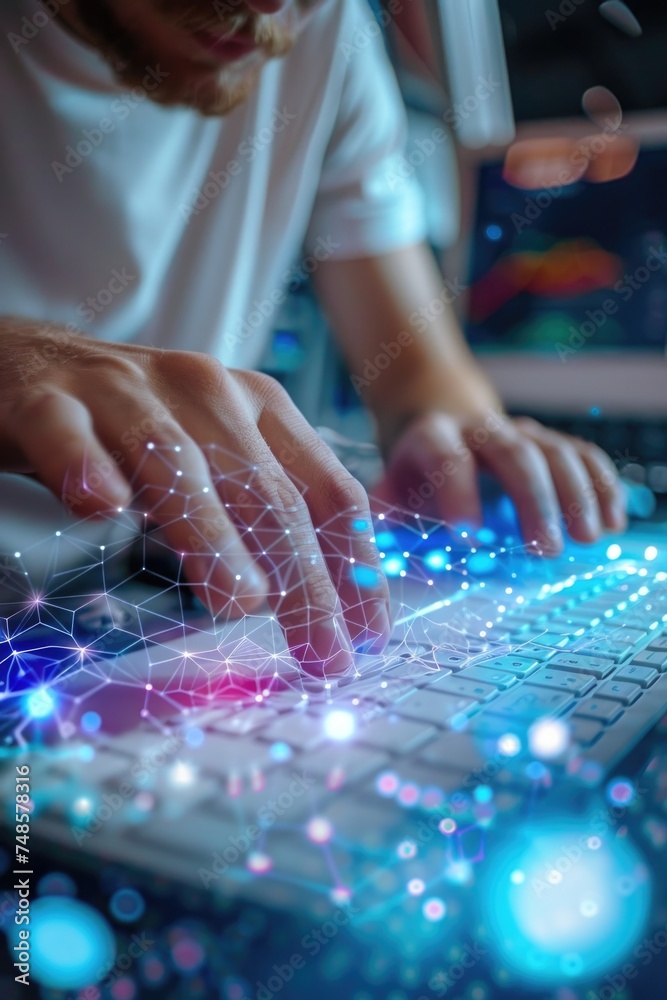 Wall mural person typing on a keyboard with bright lights, suitable for technology concepts