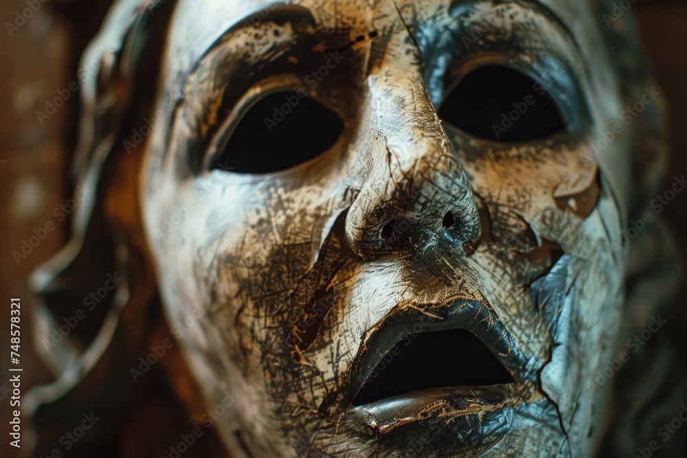Poster a close up of a mask on a table. suitable for halloween or mystery themed projects