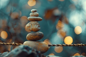 A stack of rocks on top of a rope. Perfect for outdoor and adventure themes