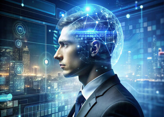 Artificial Intelligence man concept. Deep learning. GUI - obrazy, fototapety, plakaty