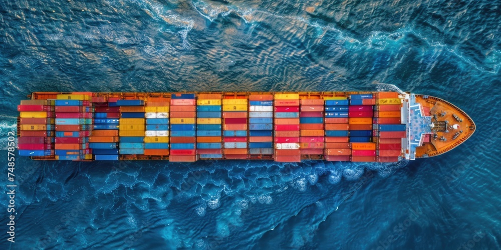 Poster A large container ship sailing on the open ocean. Suitable for transportation and logistics concepts