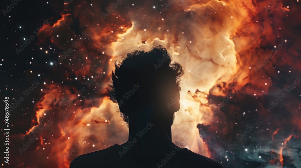 Poster A person standing in front of a galaxy, suitable for science and space concepts