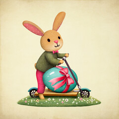 Happy Easter greeting card or poster with spring landscape with cute bunny rides a scooter with Easter egg 